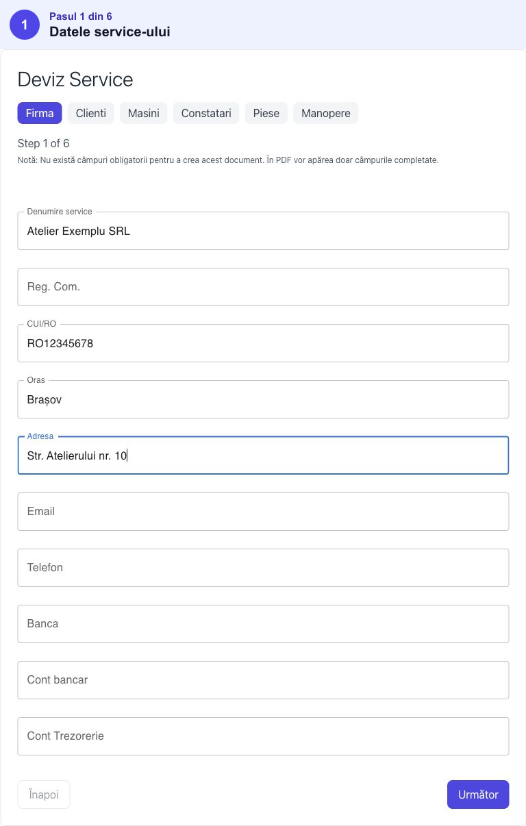 Pasul Firma din Deviz Service, completat cu date fictive ale unui atelier auto