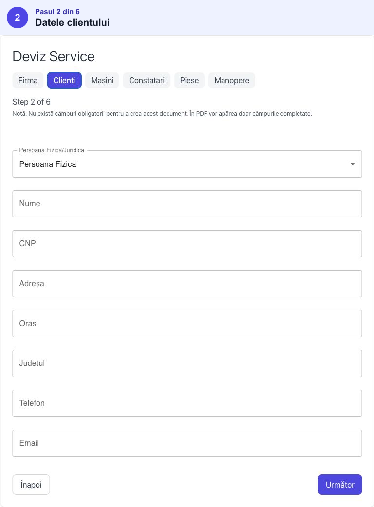 Pasul Client din Deviz Service, cu selectorul Persoană Fizică și câmpurile pentru datele clientului
