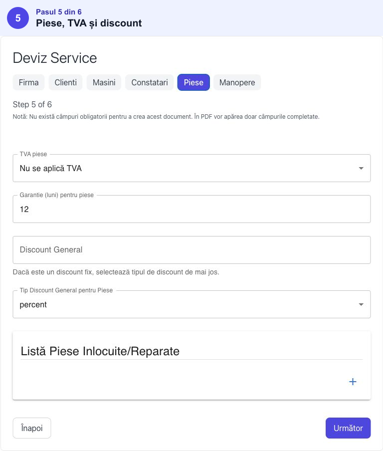 Pasul Piese din Deviz Service, cu opțiunile pentru TVA, garanție, discount și adăugarea unei piese