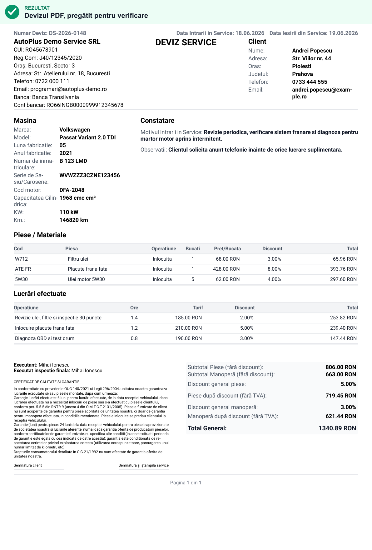 Pagina completă a unui Deviz Service PDF cu date fictive, piese, manoperă și total general