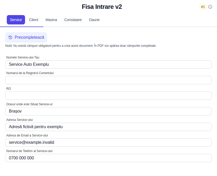 Prima secțiune din Fișă Intrare v2, completată cu date fictive ale unui service auto