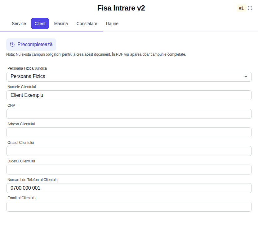 Secțiunea Client din Fișă Intrare v2, cu o persoană fizică și un număr de telefon fictiv