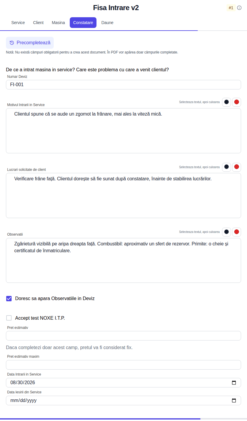 Constatarea din Fișă Intrare v2: motivul intrării, lucrările cerute, observațiile și opțiunea de afișare în PDF