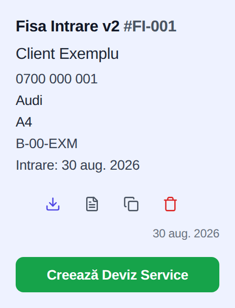 Fișa selectată în Istoric Documente, cu butonul verde Creează Deviz Service sub detaliile mașinii