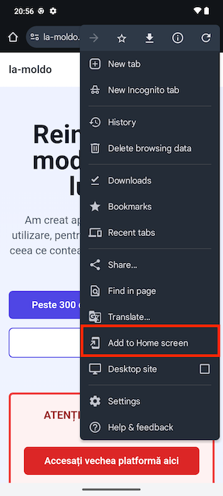 Selectarea opțiunii Add to Home screen din meniul Chrome