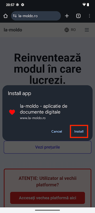 Fereastra de confirmare pentru instalarea aplicației