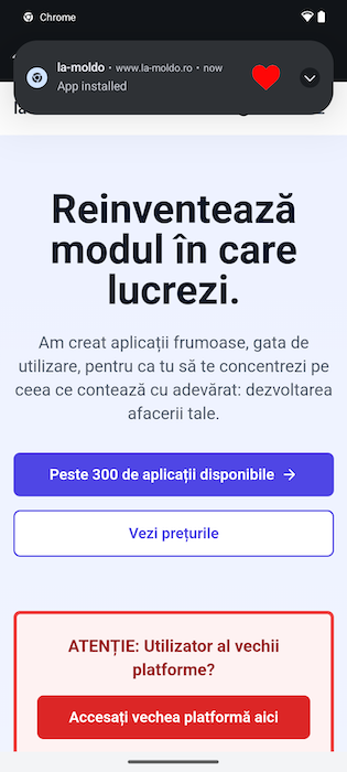 Notificare de confirmare că aplicația a fost instalată cu succes