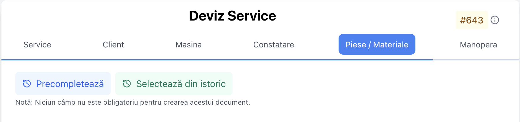Butoanele Precompletează și Selectează din istoric din editorul de documente