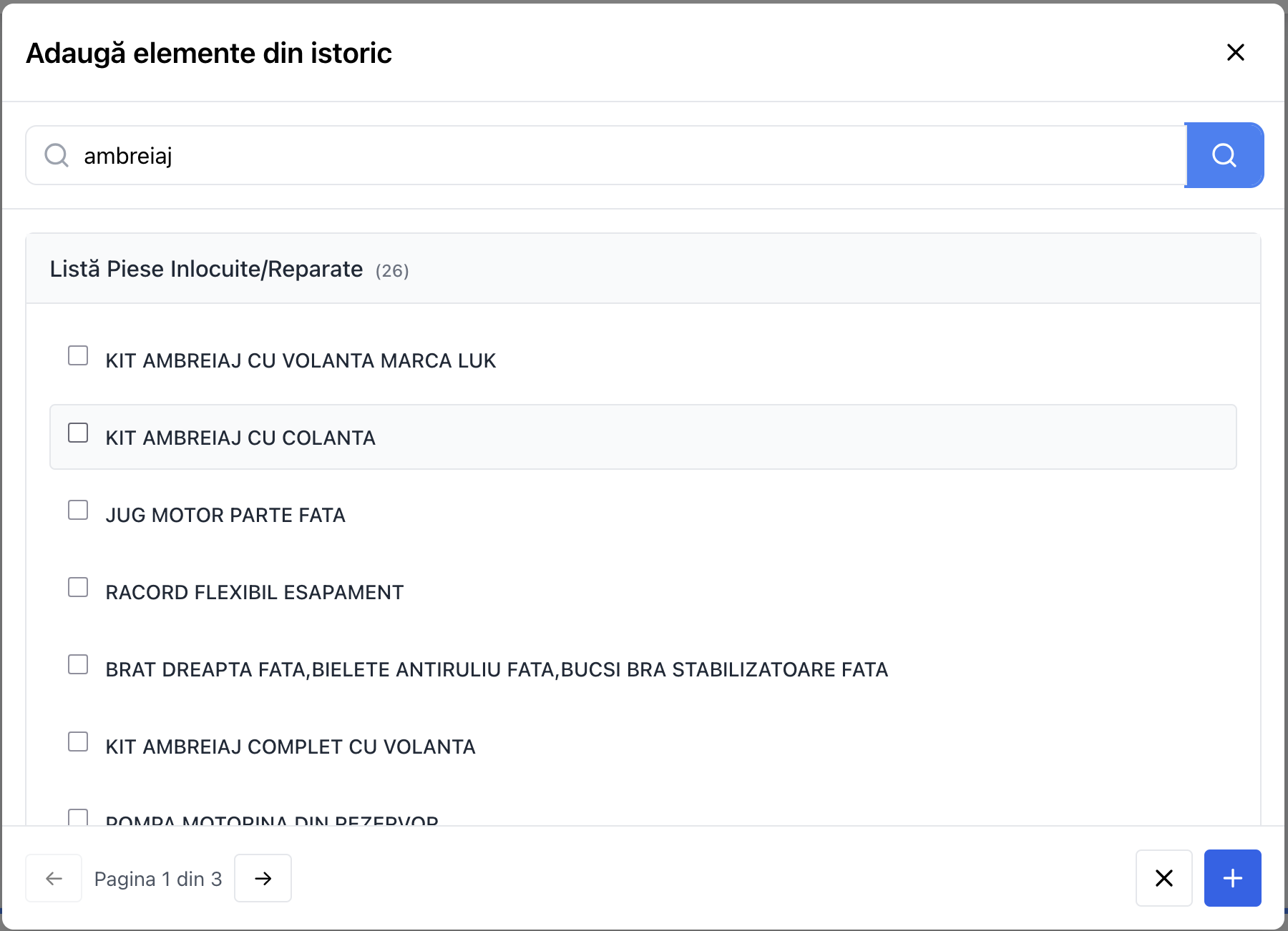Modalul cu lista de elemente din istoric și căutare