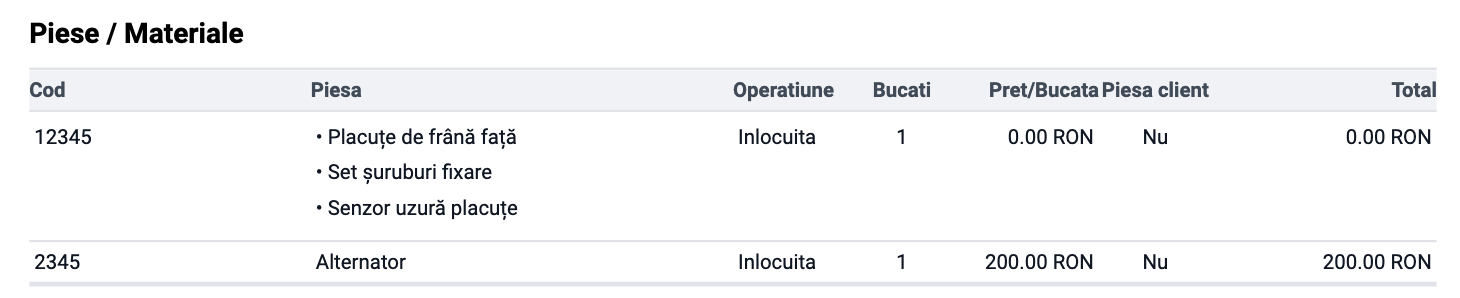 PDF-ul cu componentele afișate pe linii separate cu bullet points - fiecare componentă pe propria linie: • Freon R134A, • Ulei compressor AC, etc.